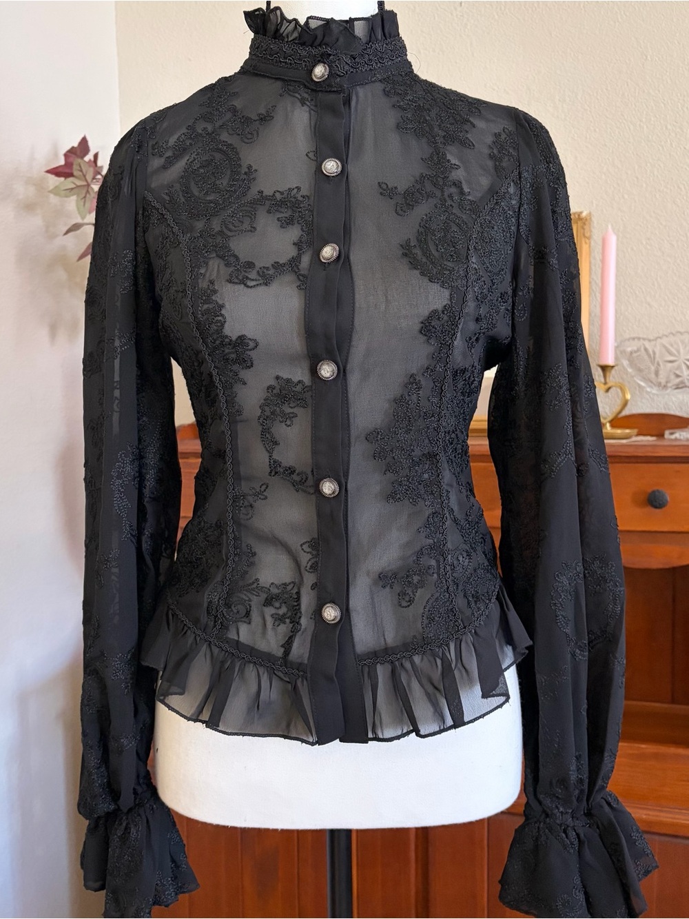 Black Victorian-inspired button-up blouse by Punk Rave, gothic, witchy, fairy